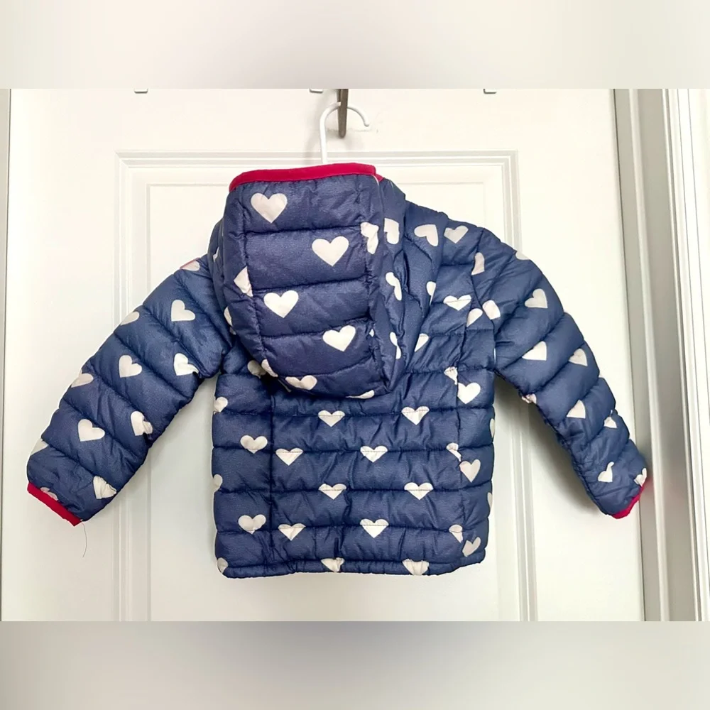 GAP Girls Navy Blue Heart Print Puffer Jacket with Pink Trim